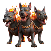 extraordinary rustic A three-headed Cerberus, each head a distinct breed of canine, chained to a fiery gate with glowing embers. Dramatic chiaroscuro lighting. Digital painting style authentic png