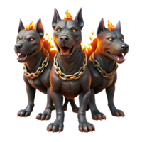 elegant modern A three-headed Cerberus, each head a distinct breed of canine, chained to a fiery gate with glowing embers. Dramatic chiaroscuro lighting. Digital painting style high quality png