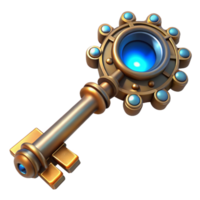impressive artistic A steampunk key with intricate carvings and a clockwork mechanism in its handle, emitting a faint, blue glow, highly detailed, digital art professional png