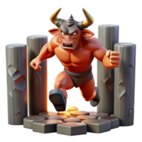 impressive contemporary A powerful minotaur, half-man, half-bull, charging through a labyrinth of obsidian pillars. Dynamic, motion-blurred lighting. Comic book style high resolution png