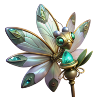 serene classic A steampunk dragonfly with delicate metal wings and glowing crystal eyes, perched on a gear-laden flower, illuminated by a soft, ethereal light, digital painting original png