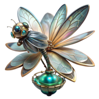 extraordinary vintage A steampunk dragonfly with delicate metal wings and glowing crystal eyes, perched on a gear-laden flower, illuminated by a soft, ethereal light, digital painting exclusive png