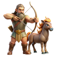 impressive artistic A wise centaur, with a long, flowing beard and intricate tribal tattoos, teaching archery to a young human. Warm, golden hour lighting. Realistic style 4K png