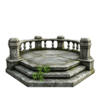 Weathered stone platform with steps and ornate balustrade railing png