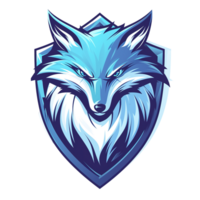 A stylized blue and white fox head within a shield design png