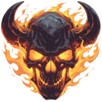 A demonic skull with fiery eyes and large curving horns displayed png