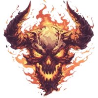 Fiery skull illustration with large horns and burning flames around it png