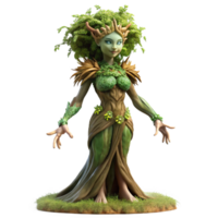 elegant rustic An elegant dryad emerging from an ancient oak, her skin textured like bark, adorned with moss and flowering vines, soft, dappled sunlight authentic png