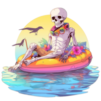 A skeletal figure relaxing on a pool floatation device png