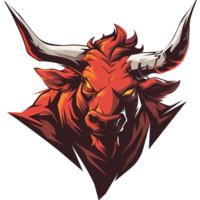 An angry red bull head with large and sharp curving horns png