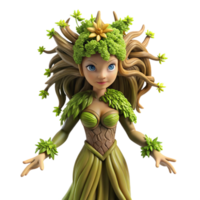 magnificent minimalist An elegant dryad emerging from an ancient oak, her skin textured like bark, adorned with moss and flowering vines, soft, dappled sunlight professional png
