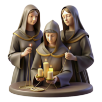 serene rustic The Fates weaving the threads of destiny, cloaked in shadows, their faces obscured, golden threads illuminated by a single, flickering candle, Baroque painting style exclusive png