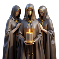 beautiful abstract The Fates weaving the threads of destiny, cloaked in shadows, their faces obscured, golden threads illuminated by a single, flickering candle, Baroque painting style high resolution png