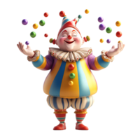 A cheerful clown in colorful attire juggles multiple spheres png