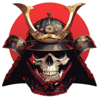 A skeletal warrior with elaborate helmet against a red circle png