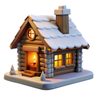 wonderful artistic A cozy log cabin with a stone fireplace and snow-covered roof, lit by the warm glow of a fire, in a rustic, painterly style authentic png