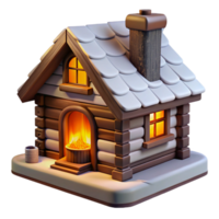 wonderful minimalist A cozy log cabin with a stone fireplace and snow-covered roof, lit by the warm glow of a fire, in a rustic, painterly style high resolution png
