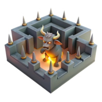 serene traditional A fierce minotaur trapped within a labyrinthine maze, lit by flickering torches, rendered in a dark, chiaroscuro style authentic png
