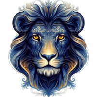 An intricately designed and patterned lion head with striking features png