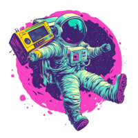 a astronauta flutuando dentro espaço detém uma retro rádio dispositivo png