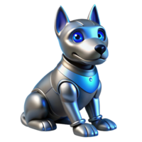 vibrant minimalist A robotic dog with glowing blue eyes and sleek metallic fur, sitting obediently. Soft, ambient lighting, realistic style professional png