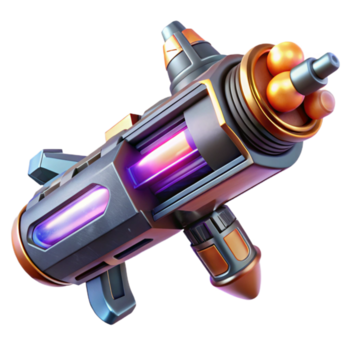 buitengewoon modern een futuristische wapen met pulserend energie cores en ingewikkeld gravures, drijvend in nul zwaartekracht. dramatisch verlichting, realistisch stijl hoog resolutie png