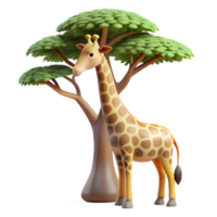 wonderful creative A gentle giraffe reaching for leaves in a tall acacia tree, illuminated by the soft light of a cloudy day, in a naturalistic, illustrative style exclusive png