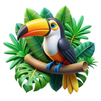 extraordinary rustic A colorful toucan perched on a branch, surrounded by lush tropical foliage, in a vibrant, graphic design style high resolution png