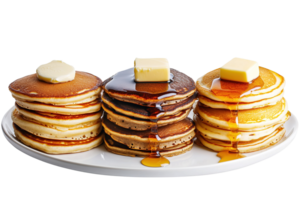 Three Stacks of Pancakes Topped with Butter and Syrup Presented png