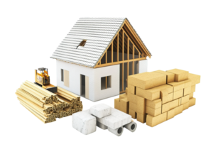 A model house construction project with various building materials displayed png