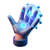 vibrant minimalist A human hand interacting with a holographic interface, manipulating virtual objects with glowing fingers, illuminated by a cool, blue light premium png