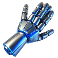 magnificent minimalist A futuristic prosthetic arm with sleek, metallic lines and glowing blue accents, flexing its fingers, rendered in a hyperrealistic style exclusive png
