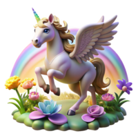 stunning rustic A graceful, winged unicorn with a golden horn, galloping through a field of luminescent flowers, illuminated by a rainbow. Dreamlike, ethereal style exclusive png