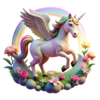 stunning contemporary A graceful, winged unicorn with a golden horn, galloping through a field of luminescent flowers, illuminated by a rainbow. Dreamlike, ethereal style exclusive png