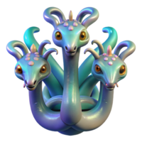 impressive classic A serene, multi-headed hydra with iridescent scales, each head unique and contemplative, lit by a soft bioluminescent glow, in the style of surrealism 4K png