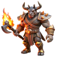 extraordinary vintage A powerful, minotaur warrior with bronze armor and a double-headed axe, lit by the fiery glow of a forge, in the style of a heroic fantasy painting detailed png