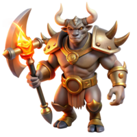 stunning modern A powerful, minotaur warrior with bronze armor and a double-headed axe, lit by the fiery glow of a forge, in the style of a heroic fantasy painting 4K png