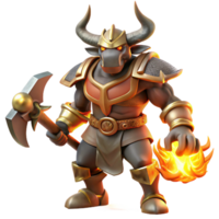 stunning traditional A powerful, minotaur warrior with bronze armor and a double-headed axe, lit by the fiery glow of a forge, in the style of a heroic fantasy painting authentic png