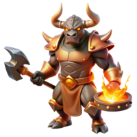 extraordinary minimalist A powerful, minotaur warrior with bronze armor and a double-headed axe, lit by the fiery glow of a forge, in the style of a heroic fantasy painting authentic png