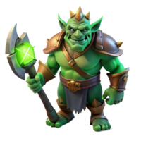 Maravilhoso artístico uma feroz, orc Guerreiro com verde pele, presas, e uma bruto Machado, aceso de uma luz de tocha, dentro a estilo do uma Sombrio fantasia pintura original png