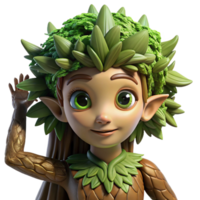 wonderful rustic A wise, dryad with bark-like skin and leafy hair, emerging from a tree trunk, lit by dappled sunlight, in the style of a fantasy illustration high quality png