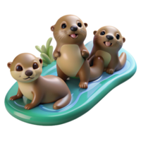 dramatic rustic A playful group of otters sliding down a muddy riverbank, illuminated by bright, overcast light, in a charming, storybook style premium png