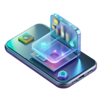 magnificent vintage A transparent smartphone displaying holographic applications, sleek futuristic design, illuminated by the holographic projections, mobile technology concept art style exclusive png