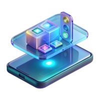 serene vintage A transparent smartphone displaying holographic applications, sleek futuristic design, illuminated by the holographic projections, mobile technology concept art style professional png