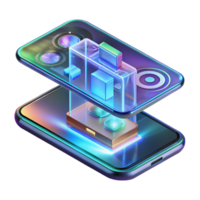 stunning rustic A transparent smartphone displaying holographic applications, sleek futuristic design, illuminated by the holographic projections, mobile technology concept art style exclusive png
