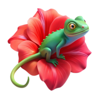 elegant modern A vibrant chameleon clinging to a bright red hibiscus flower, showcasing its iridescent skin, macro photography style, bright natural lighting high resolution png