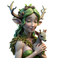 elegant rustic A serene dryad, her skin made of bark and moss, cradling a fawn in a sun-drenched forest clearing. Hyperrealistic style premium png