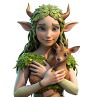 stunning modern A serene dryad, her skin made of bark and moss, cradling a fawn in a sun-drenched forest clearing. Hyperrealistic style high resolution png