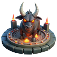 vibrant rustic A powerful minotaur with glowing red eyes, trapped within a labyrinth of dark stone, lit by flickering torches, in a dark fantasy style original png