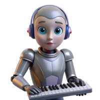 dramatic minimalist A humanoid robot, with expressive eyes and intricate facial features, plays a melancholic melody on a futuristic instrument. Soft, warm lighting. Anime style high resolution png